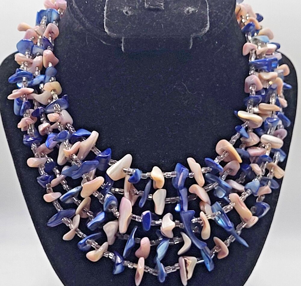 1960s Japan Blue Shell Layered Necklace 5-Strand Statement Jewelry 16in Quality